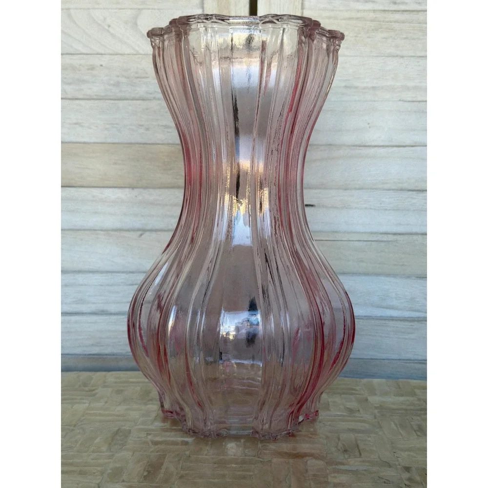 Vintage AEG Flare Pink Glass Vase Ribbed Art Depression Glass Flower Vase
